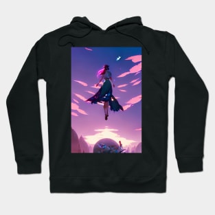 Flying Anime Girl Pink Clouds Sky Landscape Hoodie